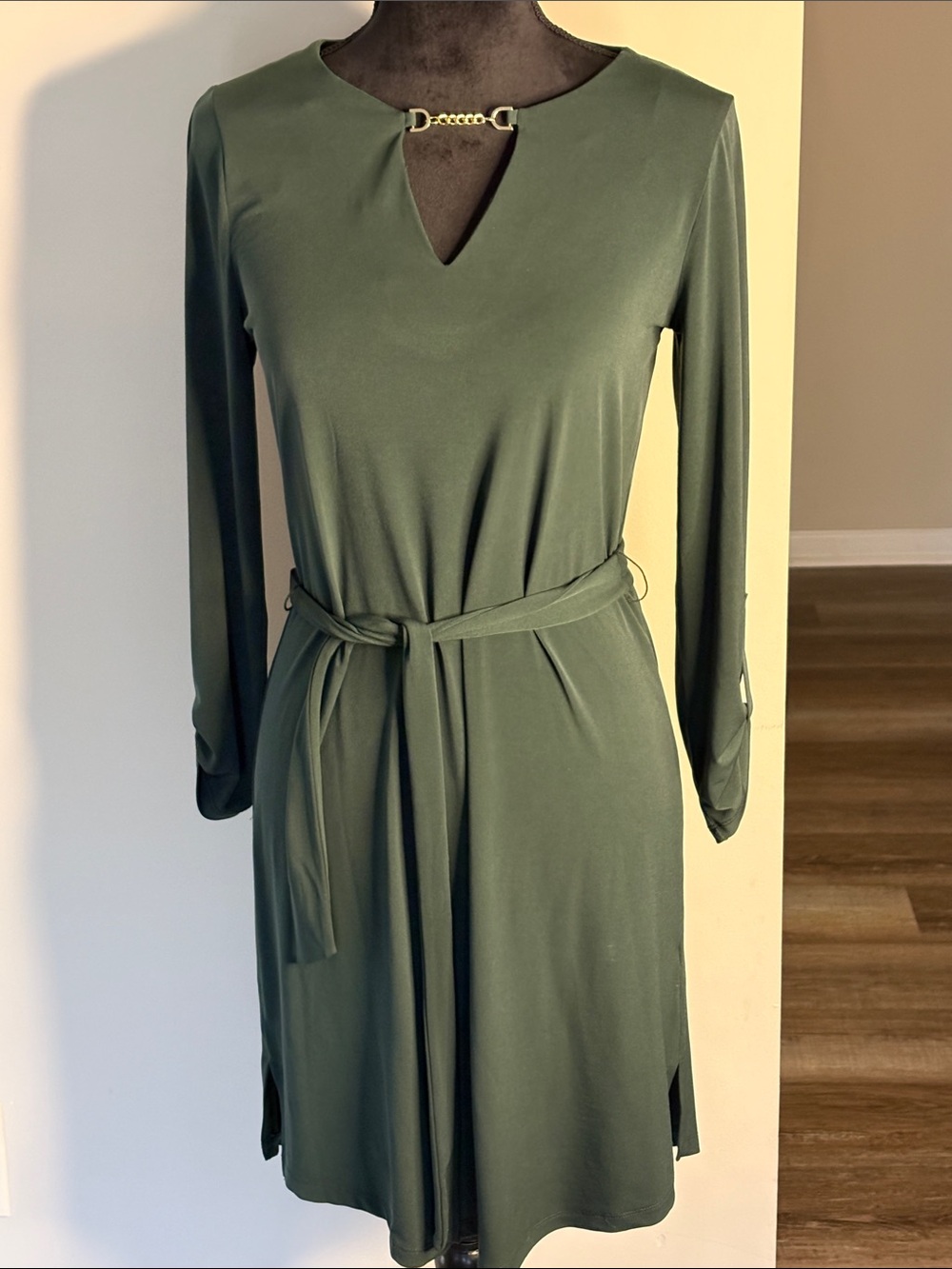 MICHAEL Michael Kors Olive Green Long-Sleeve Belted Dress with Gold Hardware